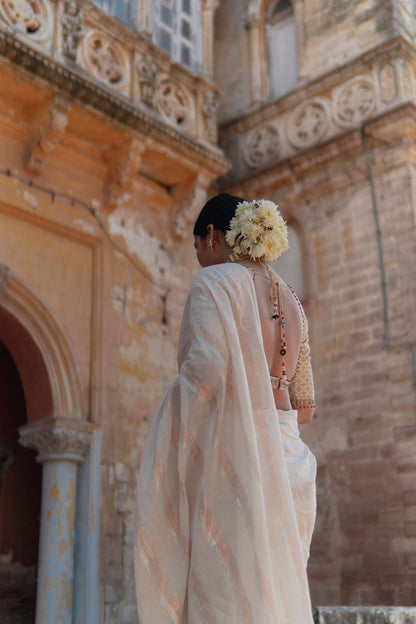 Gold & Silver Lurex Stripes Saree With Tassels