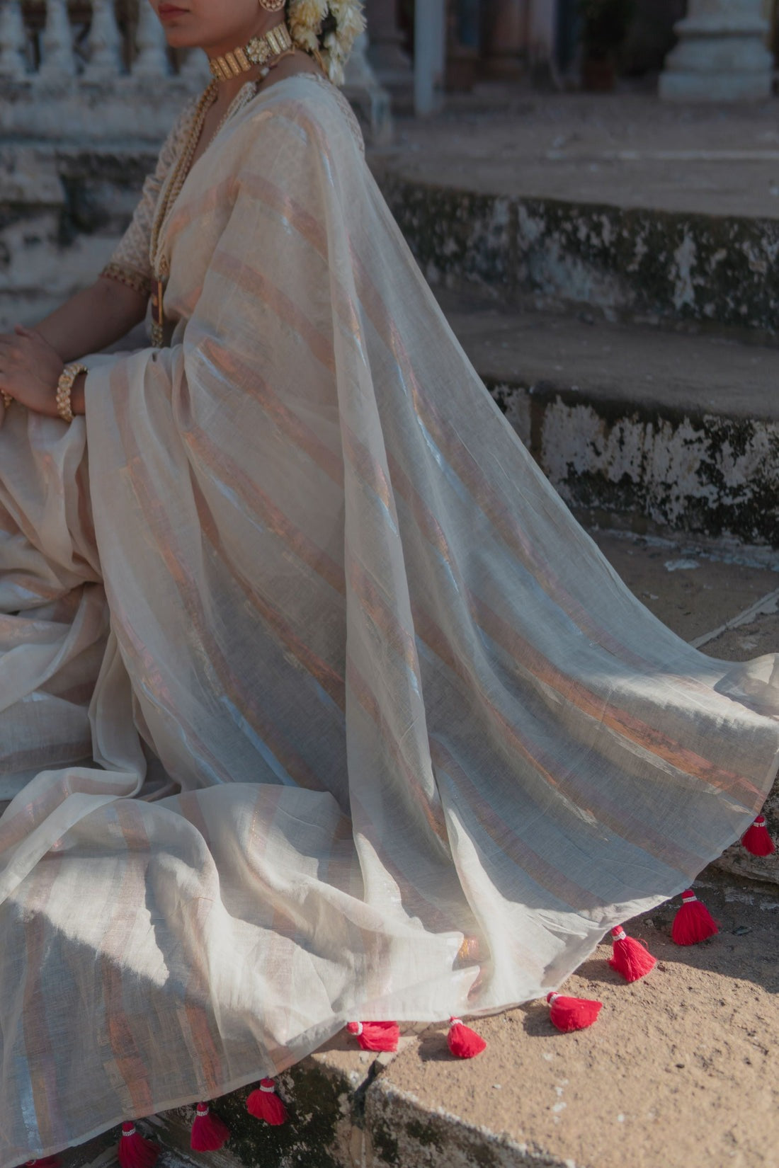 Gold & Silver Lurex Stripes Saree With Tassels