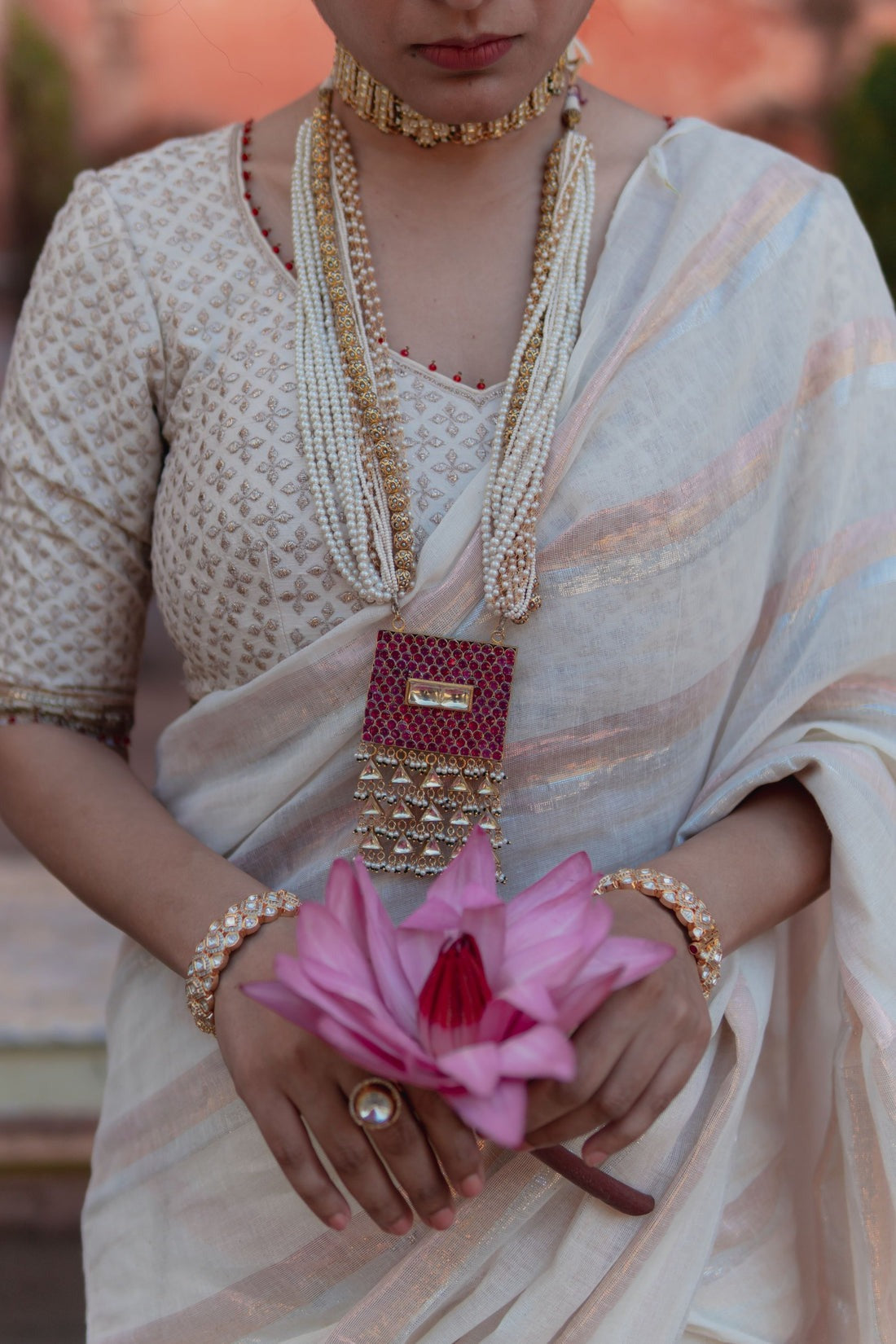 Gold & Silver Lurex Stripes Saree With Tassels