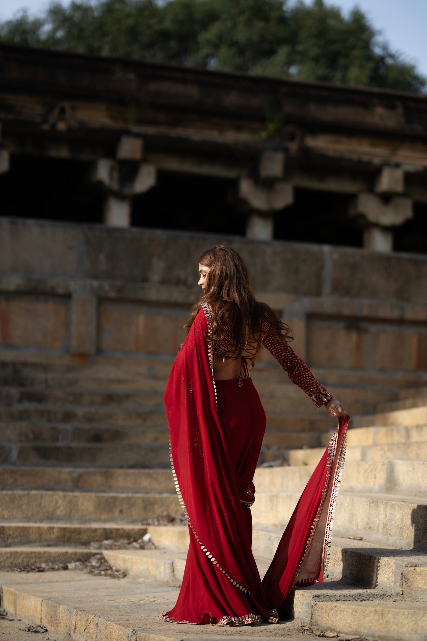 Sindoori Red Mirror Work Pre-stiched Saree