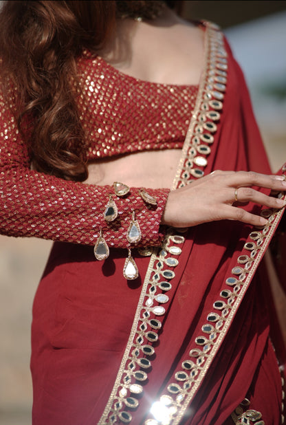 Sindoori Red Mirror Work Pre-stiched Saree