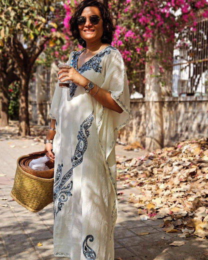 Ivory Kashmiri Embroidered Long Kaftan