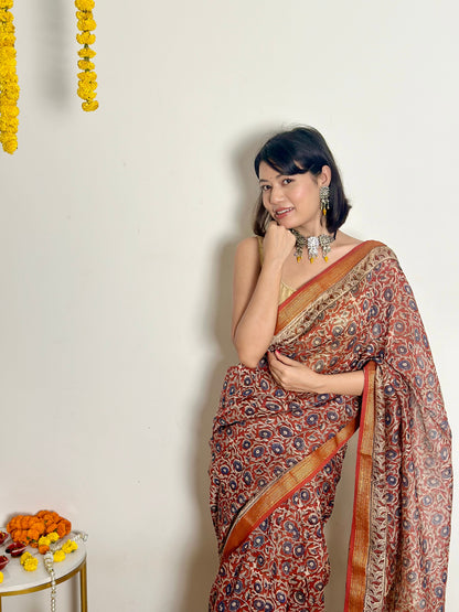 Nutan Handblock Printed Maheshwari Silk Saree