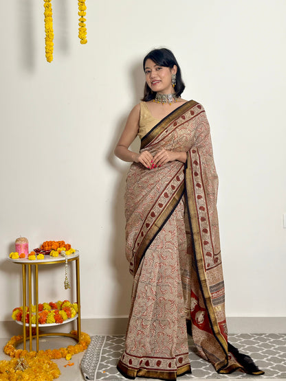 Gulzar Handblock Printed Maheshwari Silk Saree