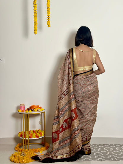 Gulzar Handblock Printed Maheshwari Silk Saree