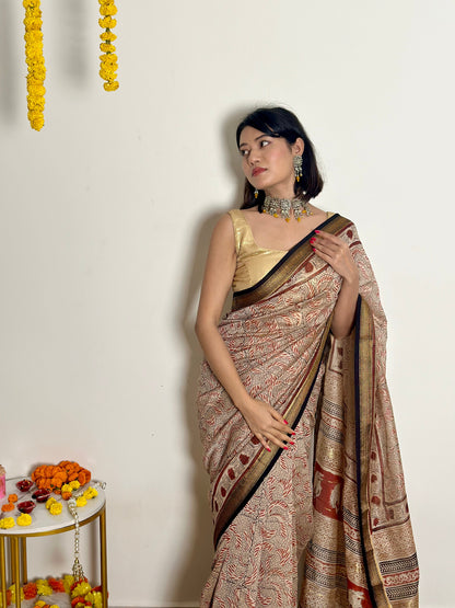 Gulzar Handblock Printed Maheshwari Silk Saree
