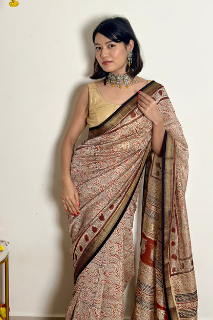 Gulzar Handblock Printed Maheshwari Silk Saree