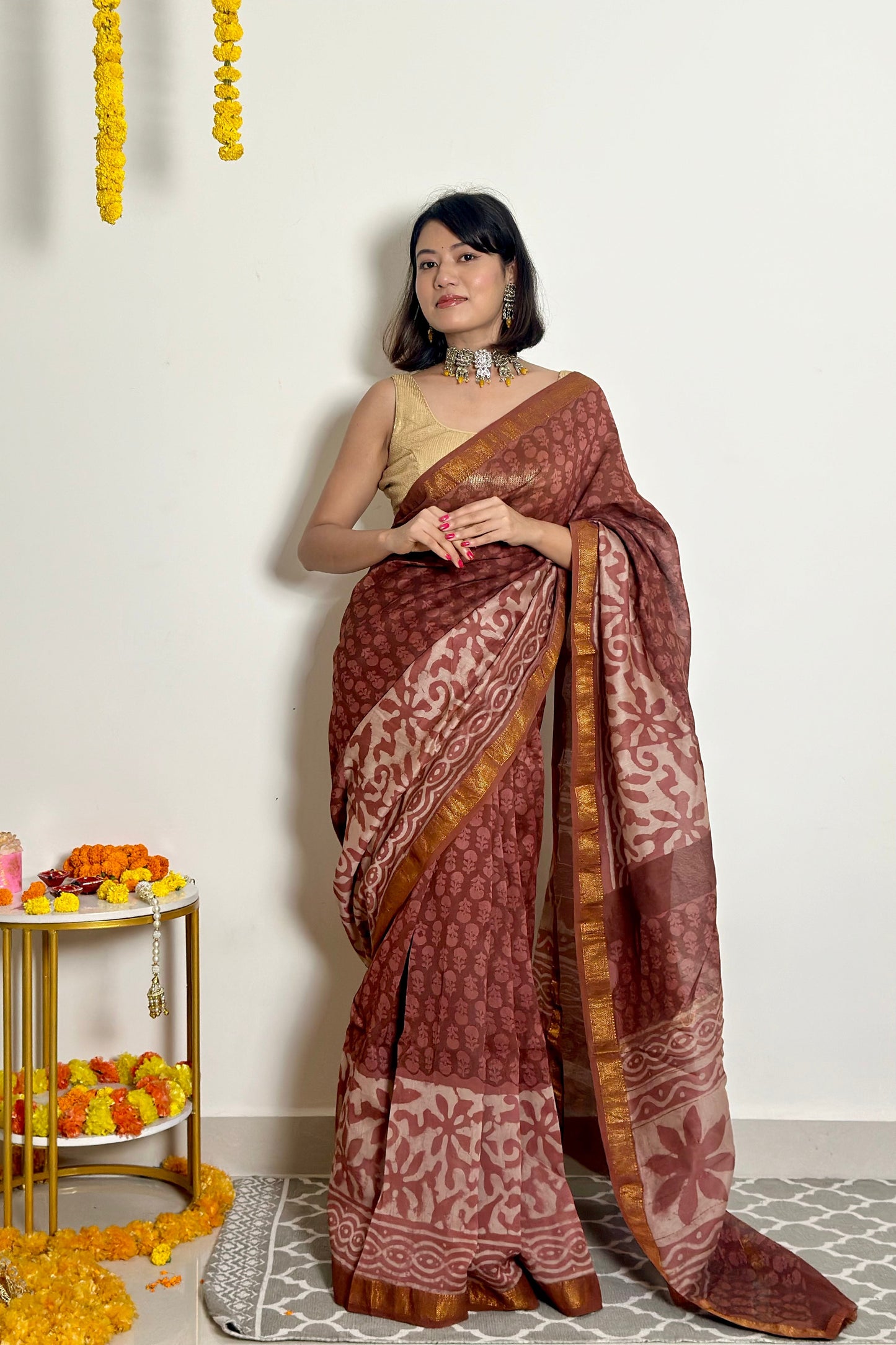 Phool Handblock Maheshwari Silk Saree