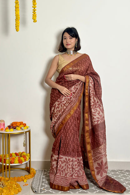 Phool Handblock Maheshwari Silk Saree