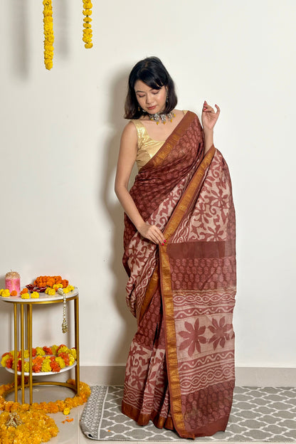 Phool Handblock Maheshwari Silk Saree