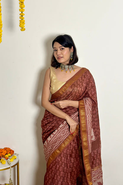 Phool Handblock Maheshwari Silk Saree