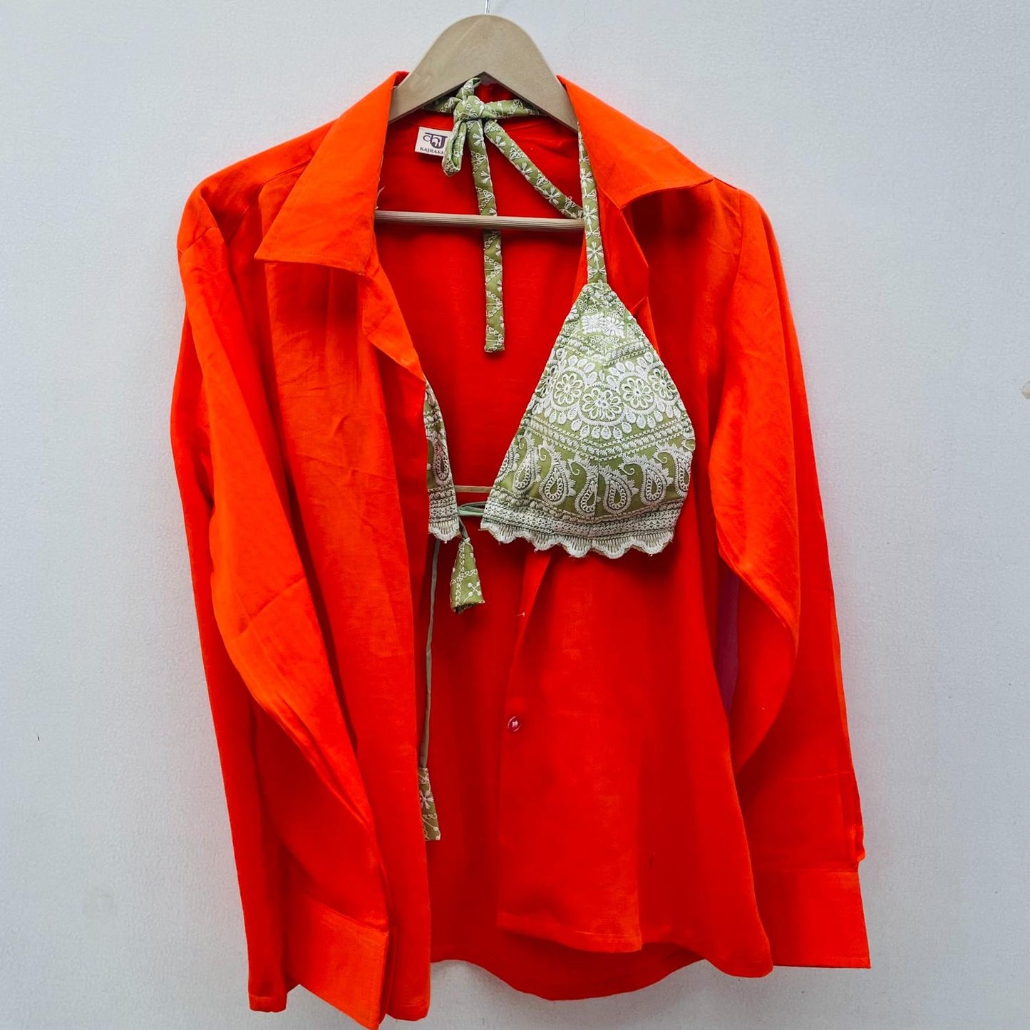 Orange Plain Shirt with Chikan Bralette Combo