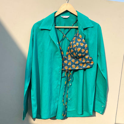 Rama Green Plain Shirt with Motif Bralette Combo