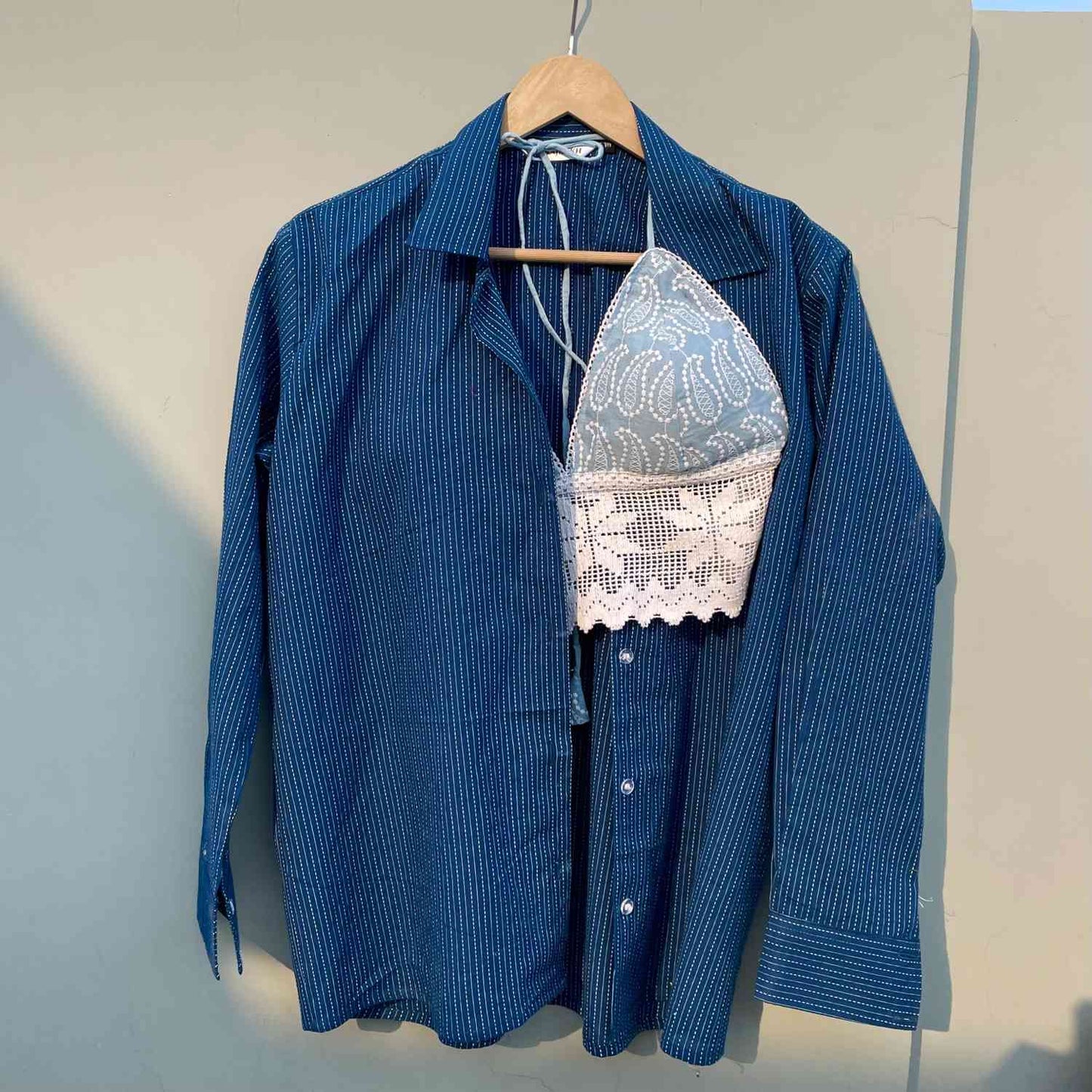 Berry Blue Katha Shirt with Chikan Bralette Combo