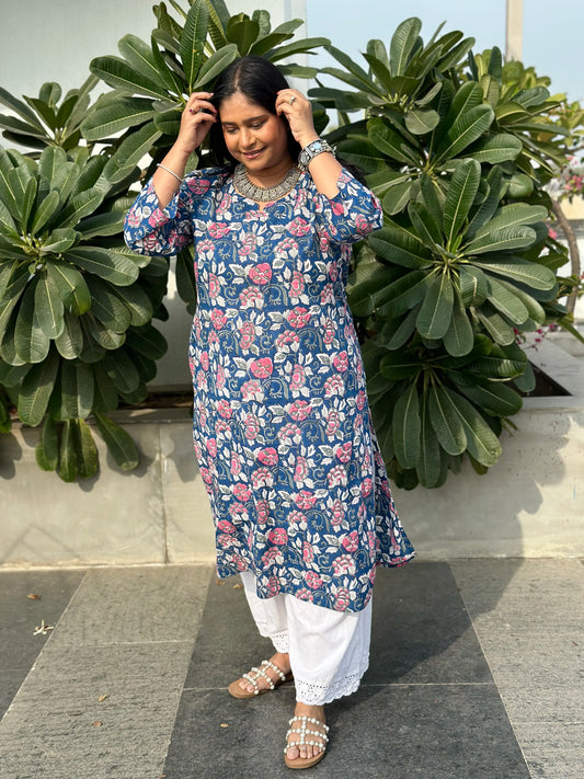 Block Printed Long Kurta - Dense Blue