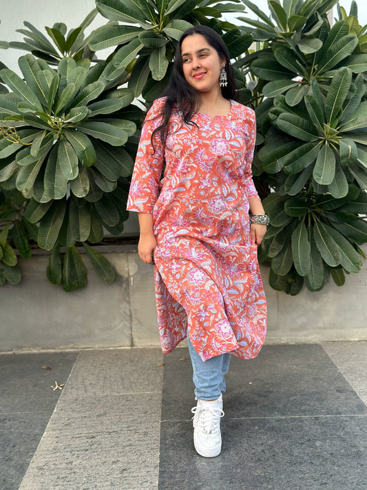 Block Printed Long Kurta - Bright Coral