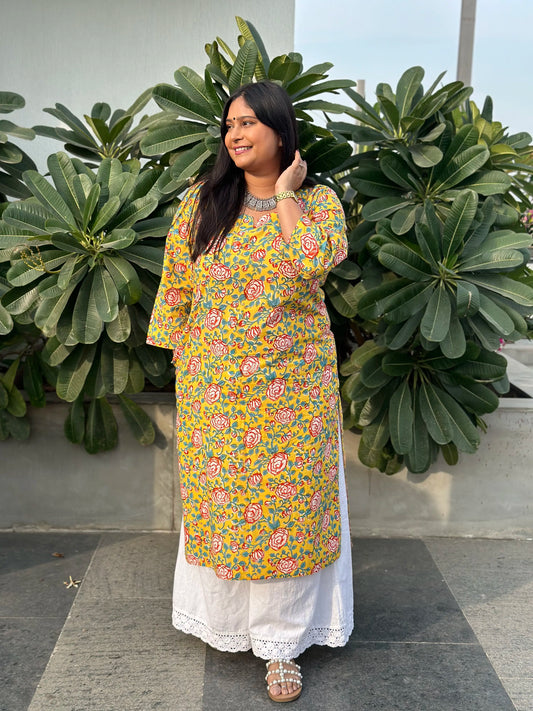 Block Printed Long Kurta - Rose Yellow