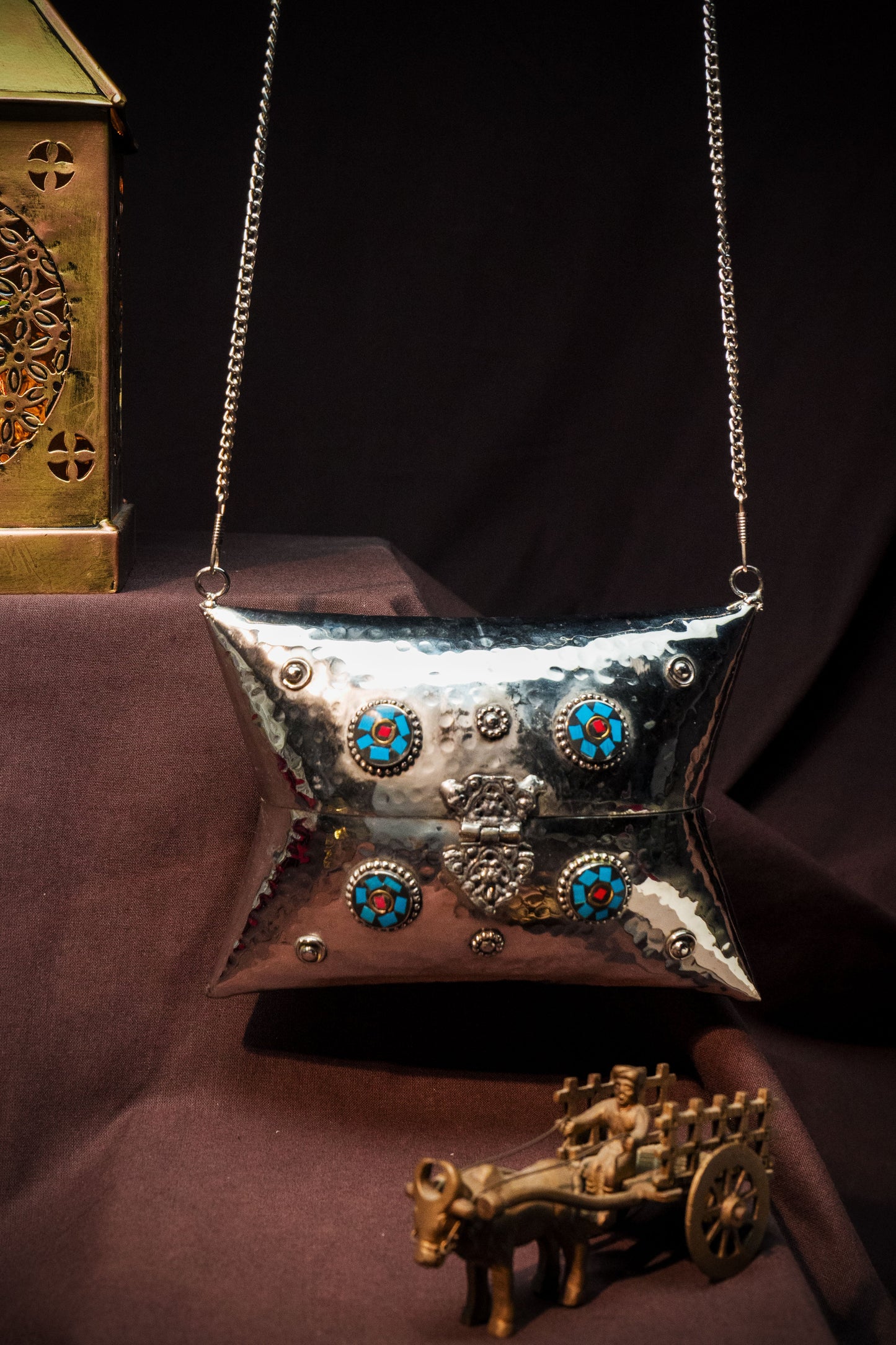 Aafreen Hammered Vintage Brass Bag with Stone Mosaic