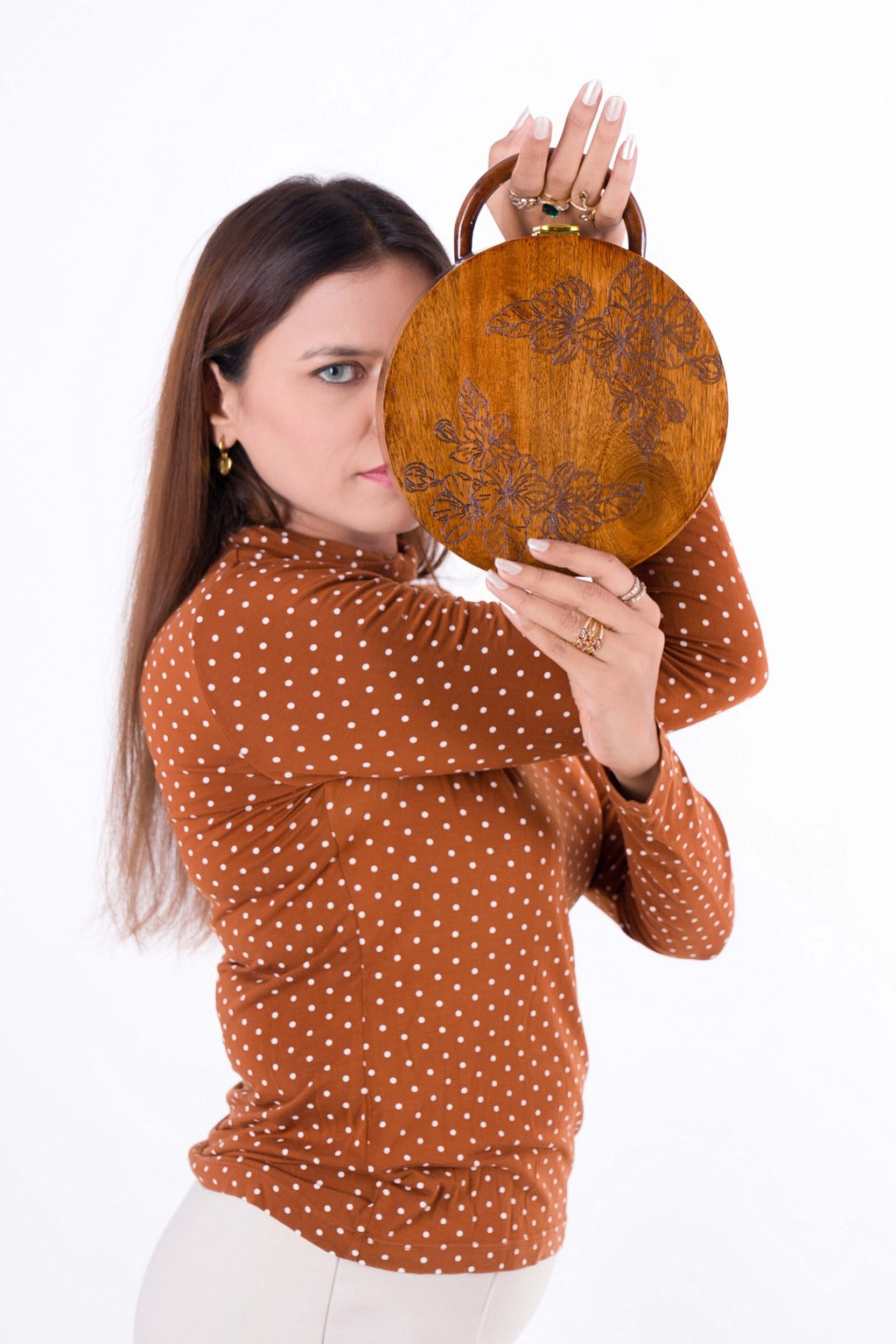 Sitara Round Engraved Acacia Wood Bag