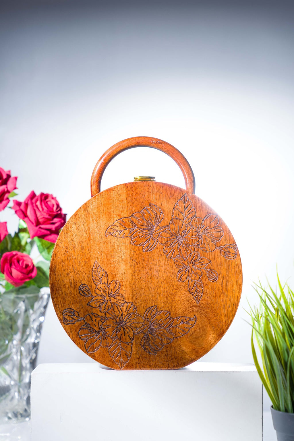 Sitara Round Engraved Acacia Wood Bag