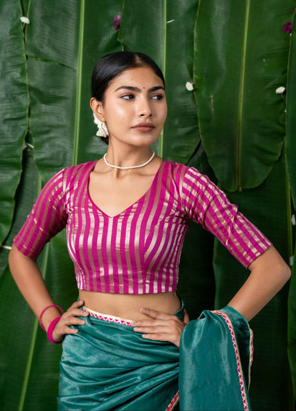 Indira Pink Chanderi Striped Elbow Sleeve Blouse with V Neck