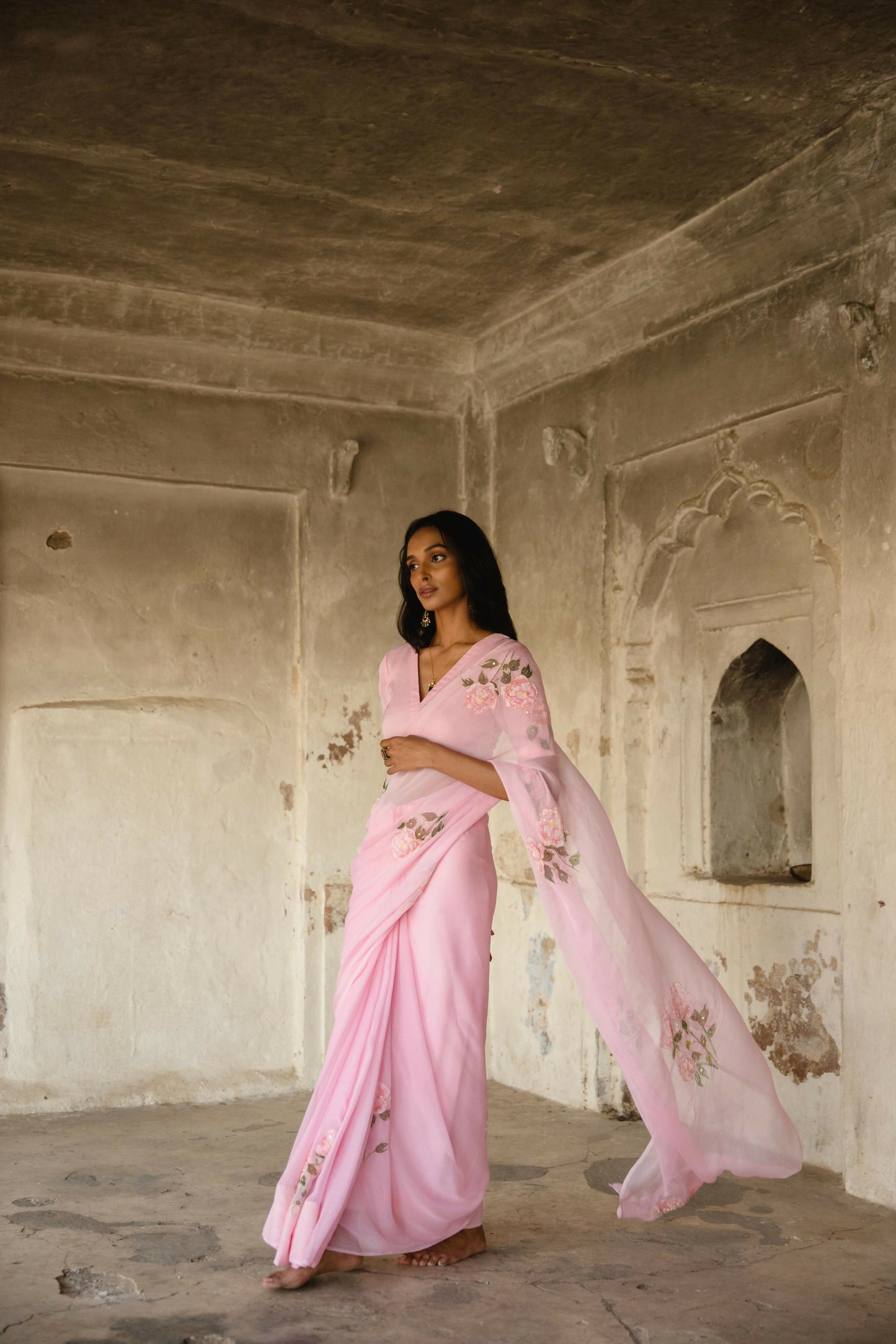 Lavina Pink Chiffon Handpainted Saree