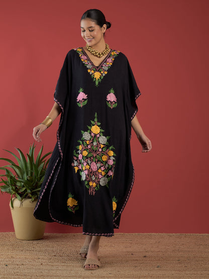 Jet Black Aari Embroidered Kashmiri Kaftan - Long