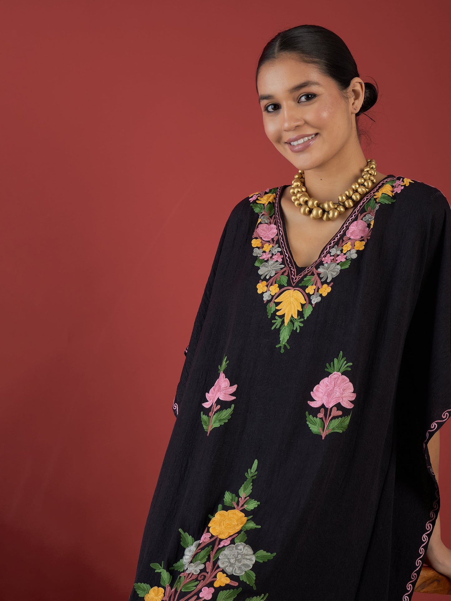 Jet Black Aari Embroidered Kashmiri Kaftan - Long