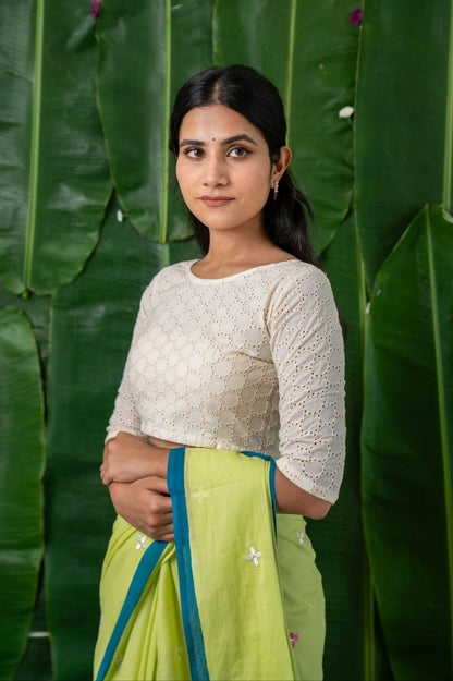 Amaira White Eyelet Cotton Schifli Blouse with Back Buttons