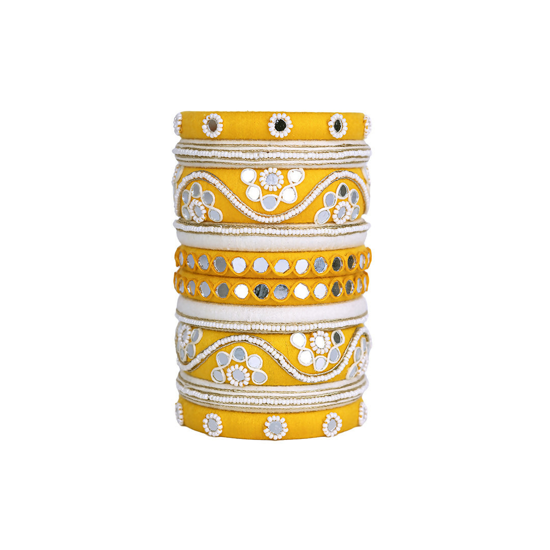 Peethi Yellow Beaded Mirror Work Bangle Set