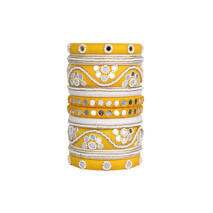 Peethi Yellow Beaded Mirror Work Bangle Set