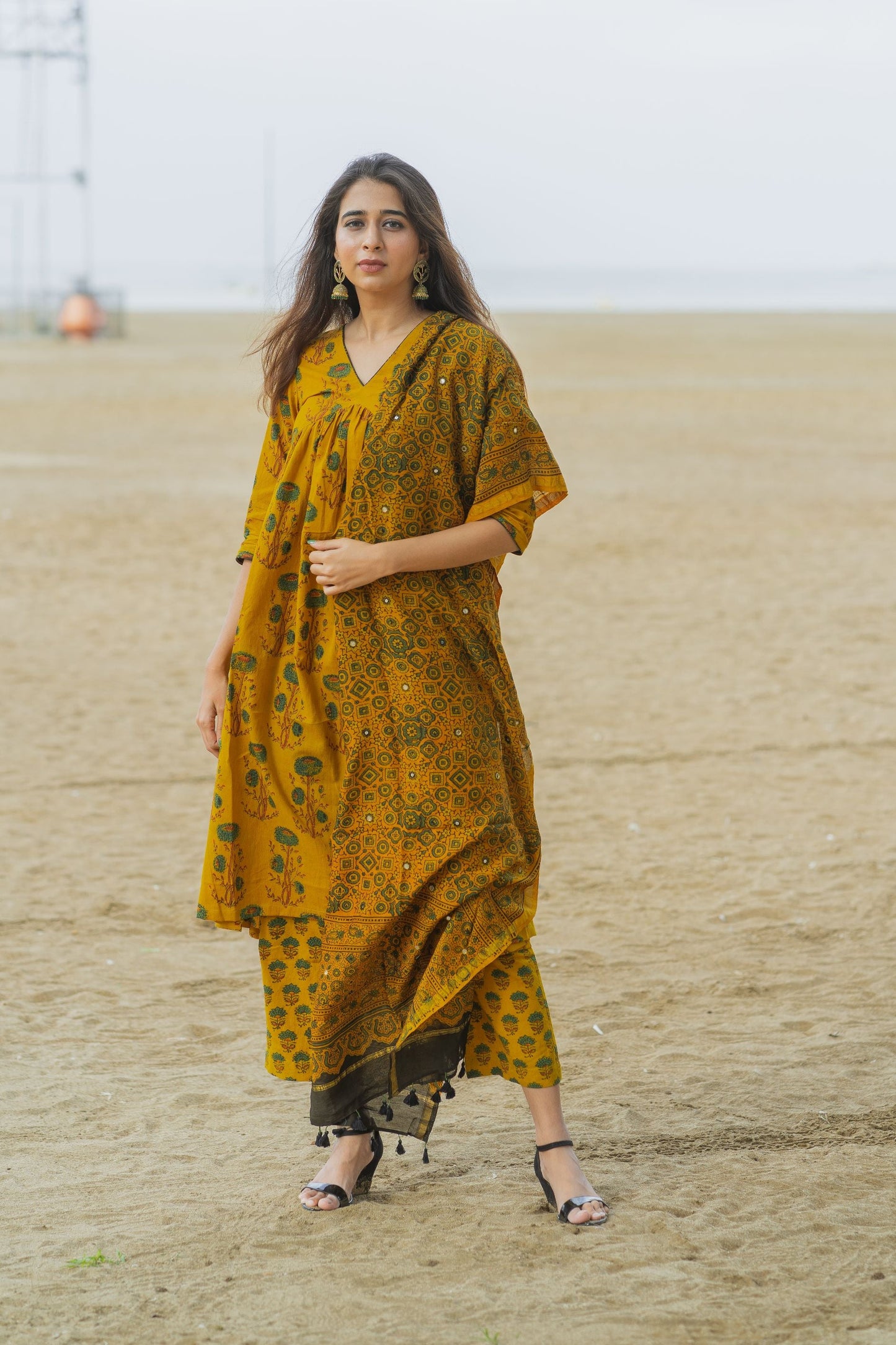 Yellow Ajrakh Chanderi Silk Dupatta with mirror work