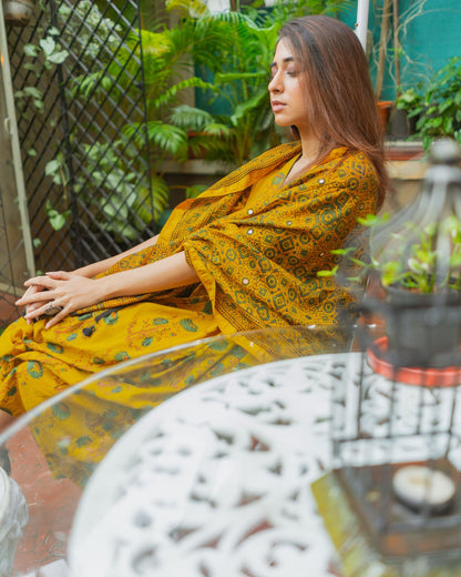 Yellow Ajrakh Chanderi Silk Dupatta with mirror work