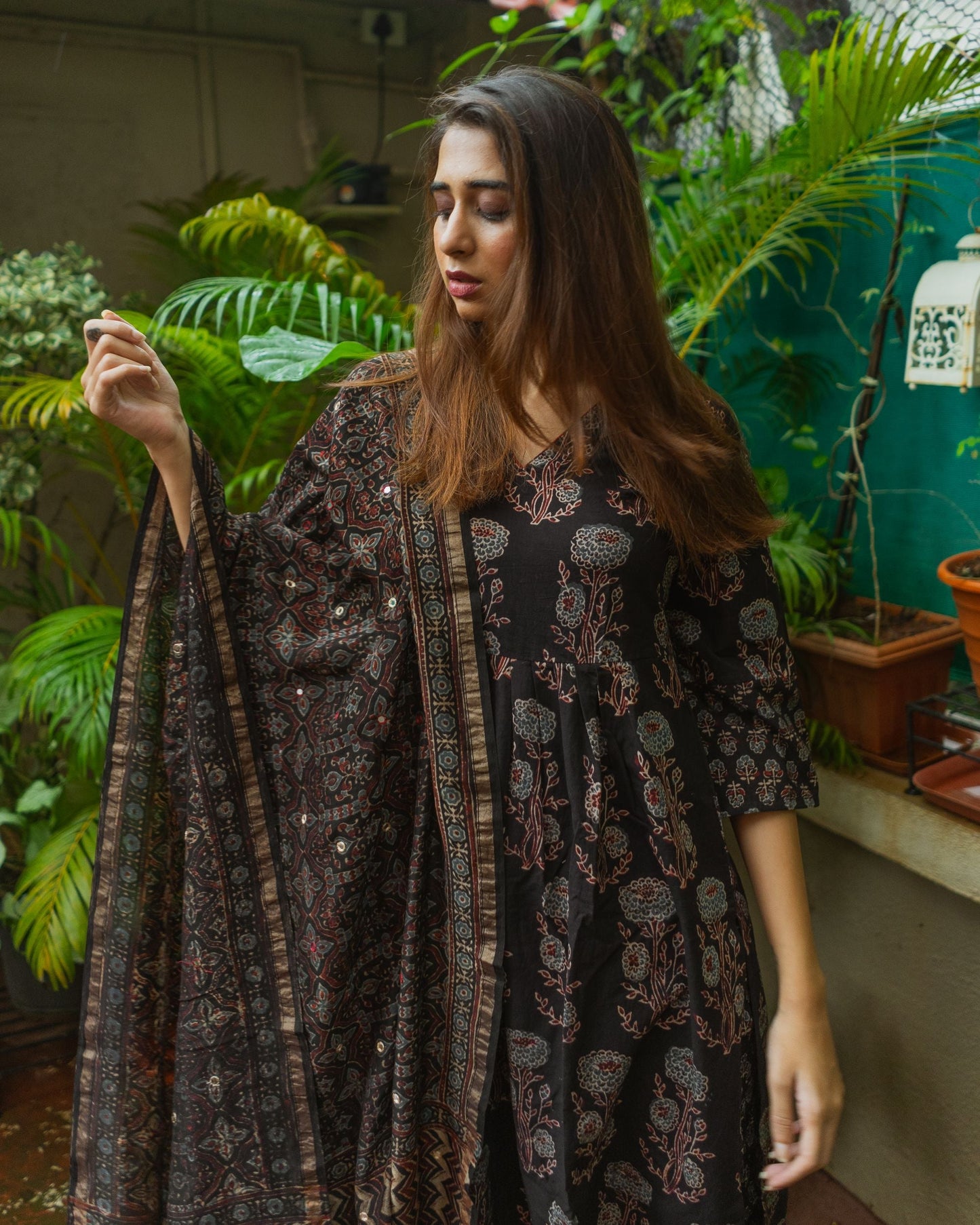 Black Ajrakh Chanderi Silk Dupatta with mirror work