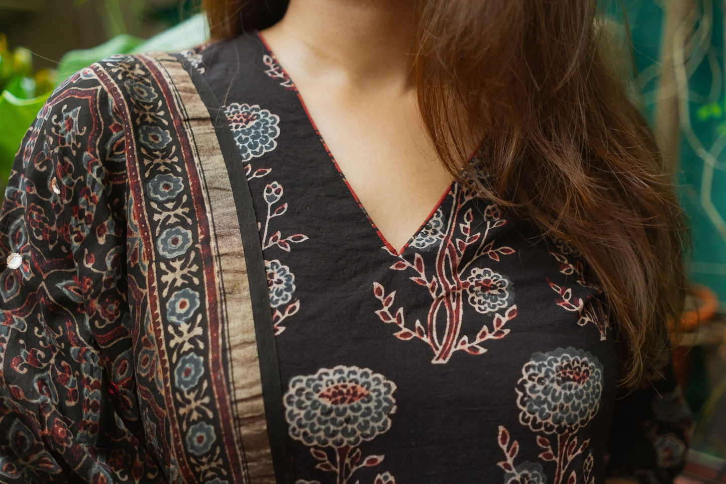 Black Ajrakh Chanderi Silk Dupatta with mirror work