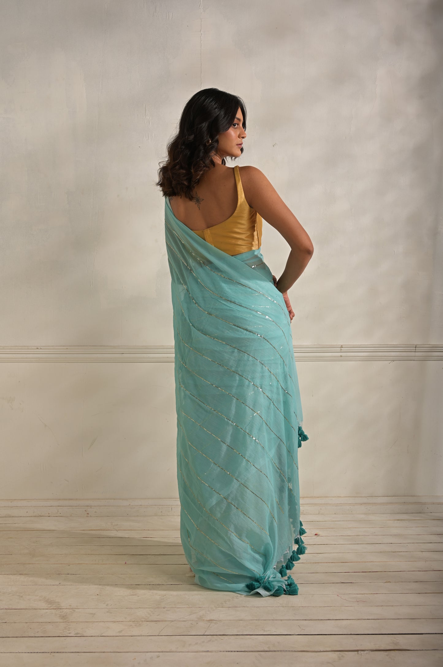 Summer Mul Cotton Saree With Sequined Lines