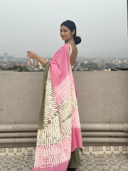 Gulmohar Tie & Dye Shibori Print Mulmul Cotton Saree