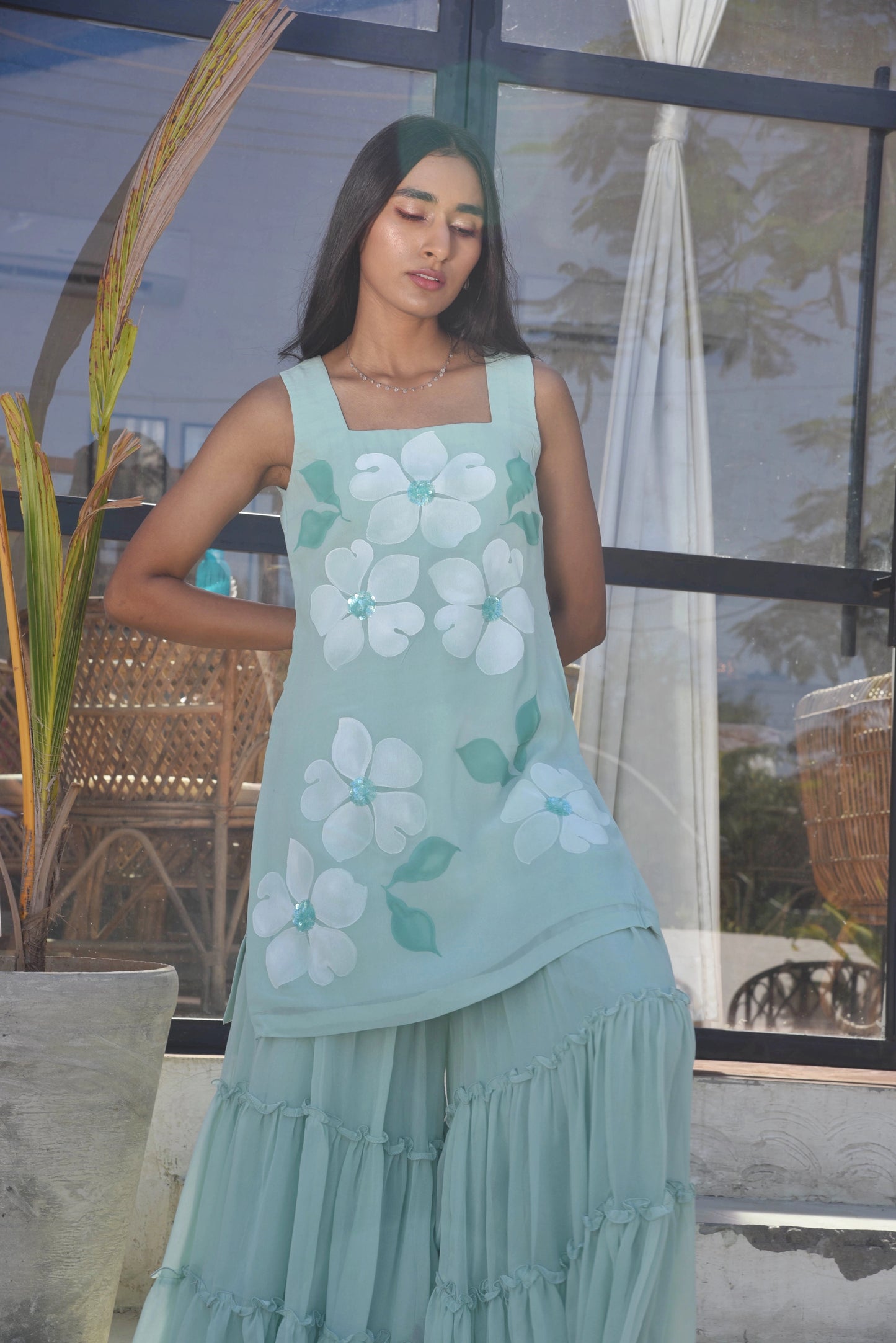 Handpainted Flora Georgette Sharara Set in Teal