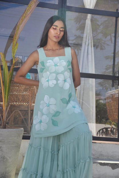 Handpainted Flora Georgette Sharara Set in Teal