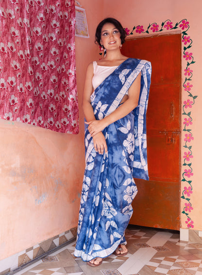 Khwaab Hand Block Print Blue Mul Mul Cotton Saree