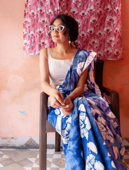 Khwaab Hand Block Print Blue Mul Mul Cotton Saree