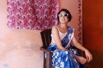 Khwaab Hand Block Print Blue Mul Mul Cotton Saree