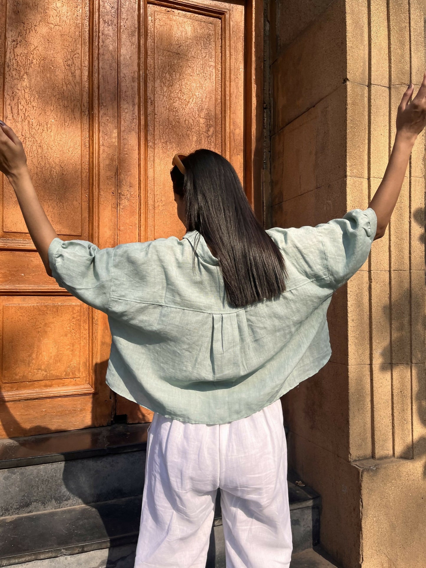 Sage Green Cropped Linen Blend Blouse