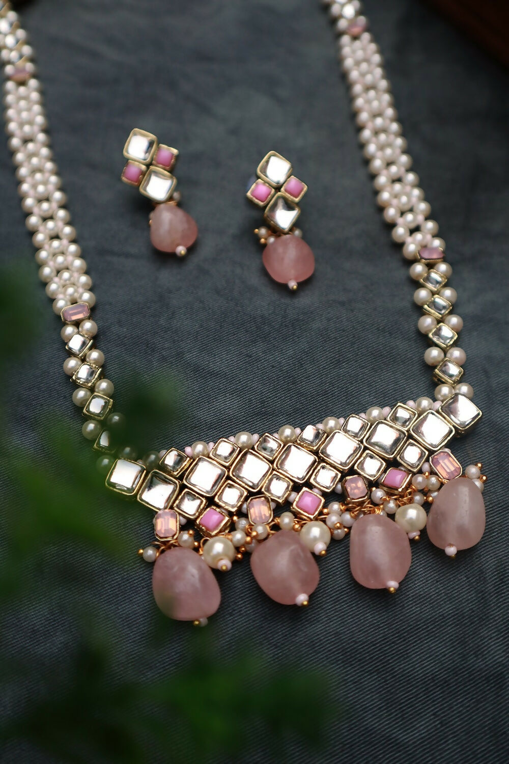 Rose Quartz Kundan and Pearl Long Necklace Set