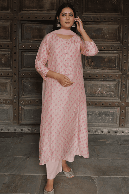 Blushing Pink Cotton Silk Handblock Suit Set