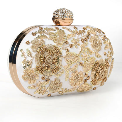 Dazzling White Dabka Oval Clutch: Classic Elegance