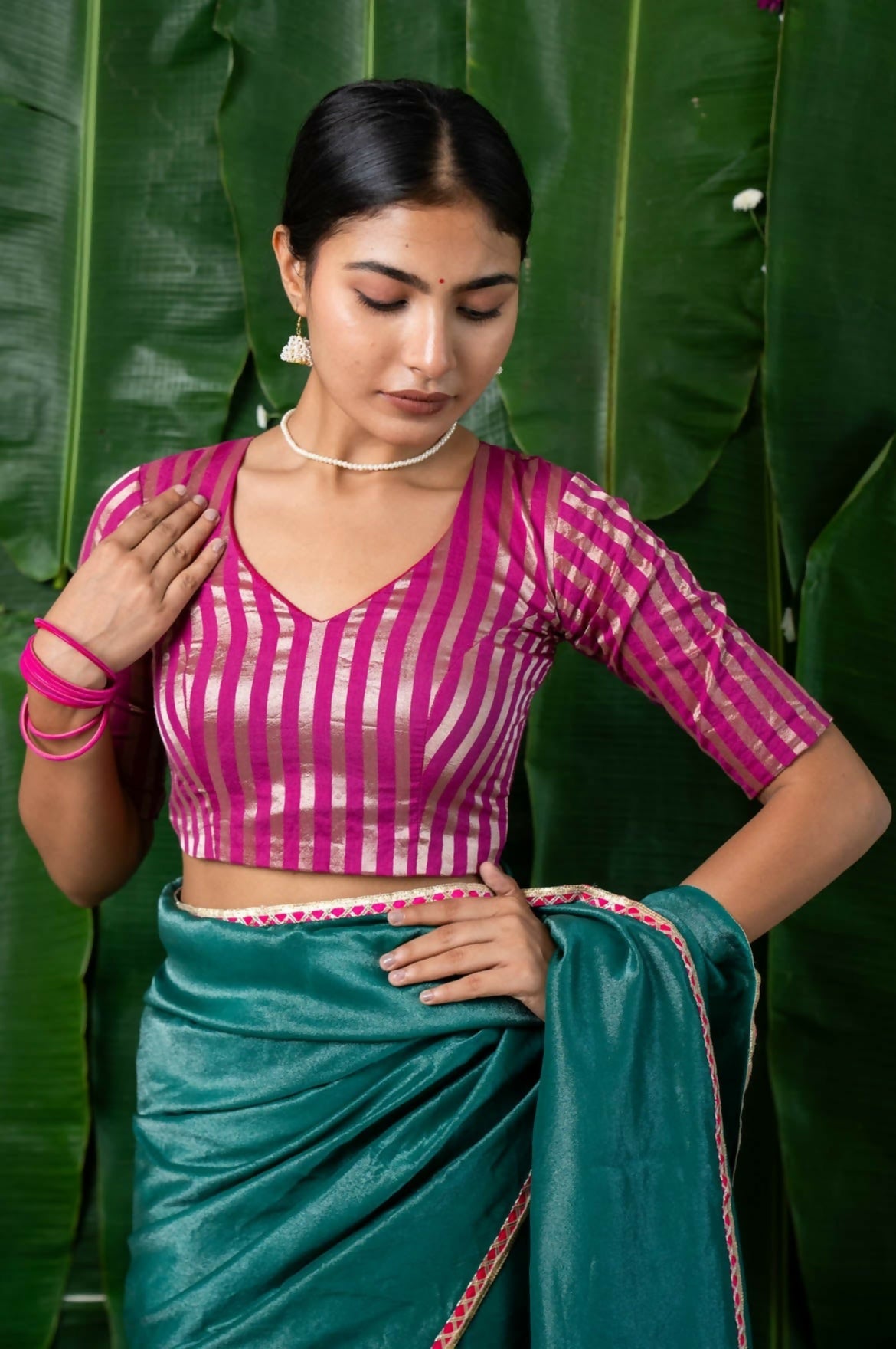 Indira Pink Chanderi Striped Elbow Sleeve Blouse with V Neck