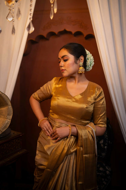 Kanak Golden Cotton Tissue Elbow Sleeve Blouse with V neck