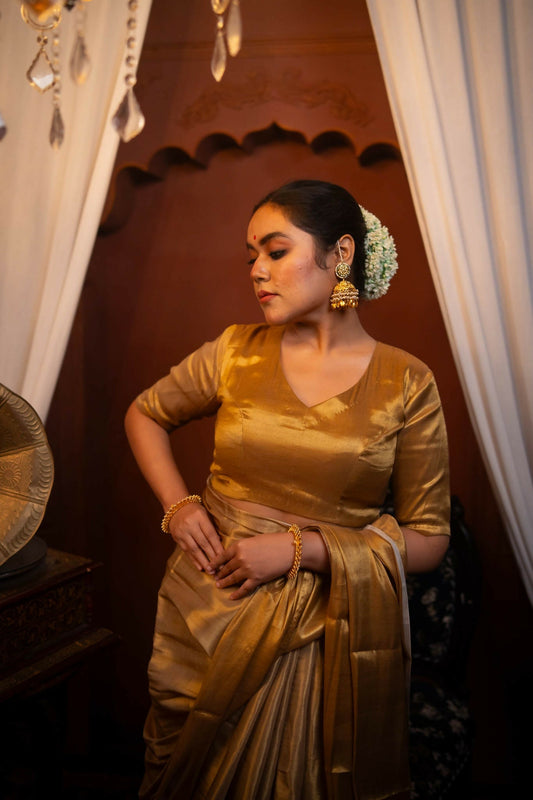 Kanak Golden Cotton Tissue Elbow Sleeve Blouse with V neck