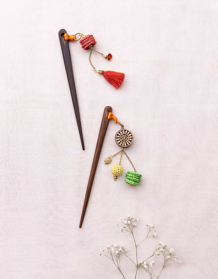 Multicoloured Crochet & Block Hair Sticks (Pair)